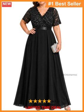 Plus Size Formal Sequin Chiffon Gown V-Neck Evening Dress
